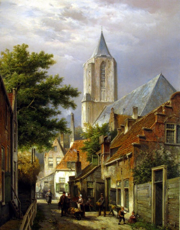 Figures Beside a Baker’s Cart with Church Beyond by Willem Koekkoek